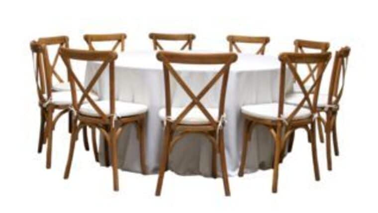 Package – 1 Round Banquet Table with 10 Honey Brown Cross-Back Chairs Package | Rental