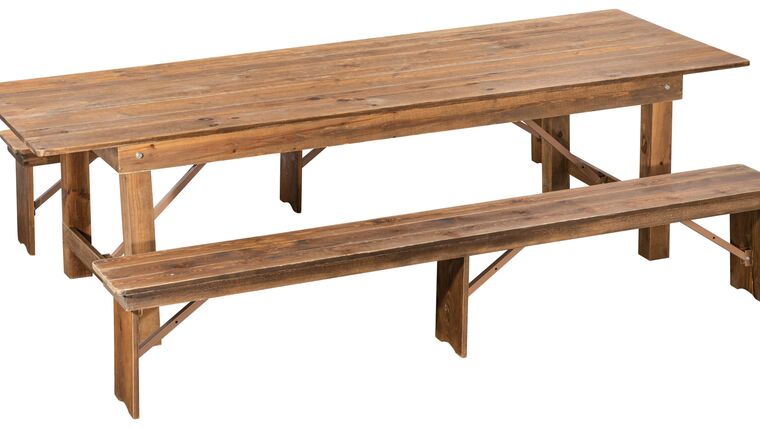 Antique Rustic Pine Farm Table Package w/Bench | Rental