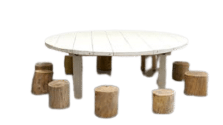 Package – Kids Round Vintage White Farm Table Package With 10 Tree Stumps | Rental