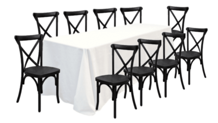 Package – 1 (8′) Banquet Table With 10 Black Cross-Back Chairs Package | Rental