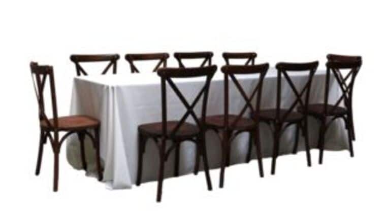 Package – 1 Banquet Table With 10 Mahogany Cross-Back Chairs Package | Rental