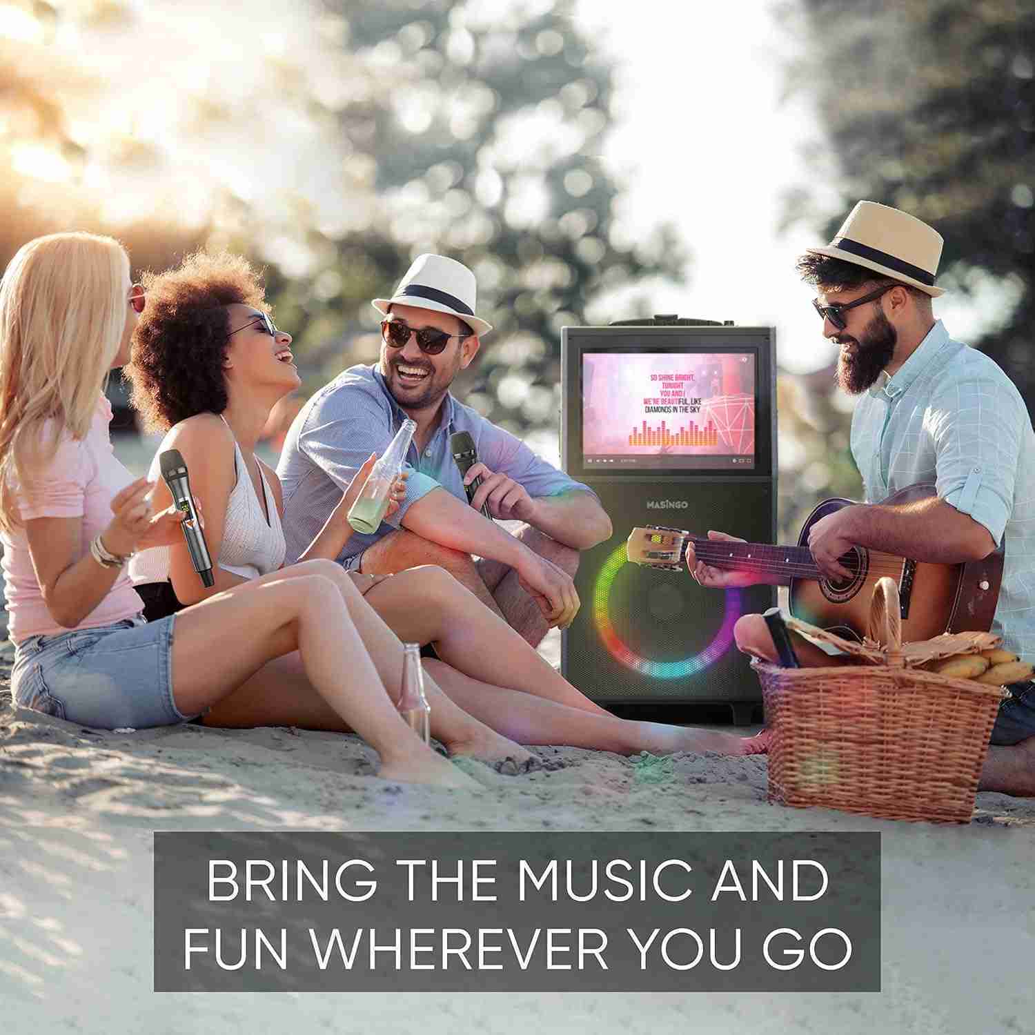 MASINGO New Professional Karaoke Machine with Lyrics Display Screen for Adults and Kids, Bluetooth Portable PA Speaker System with WiFi, Built-in 15" Tablet, Lights and 2 Wireless Microphones : Musical Instruments | Rental