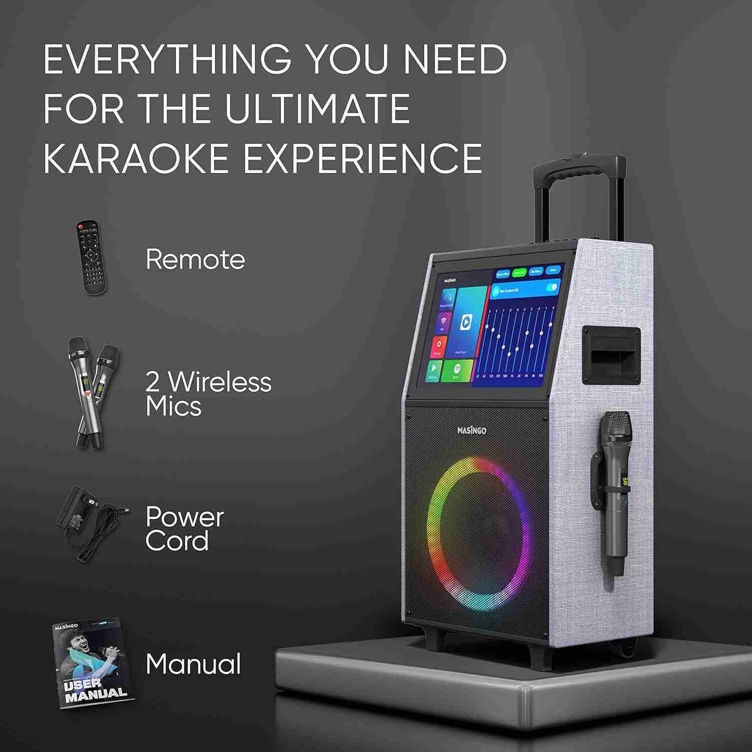 MASINGO New Professional Karaoke Machine with Lyrics Display Screen for Adults and Kids, Bluetooth Portable PA Speaker System with WiFi, Built-in 15" Tablet, Lights and 2 Wireless Microphones : Musical Instruments | Rental