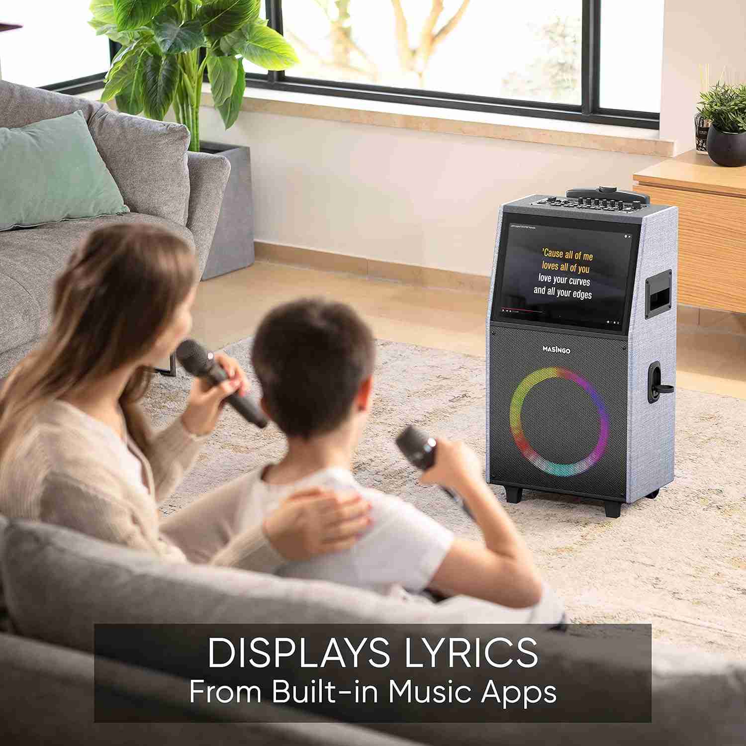 MASINGO New Professional Karaoke Machine with Lyrics Display Screen for Adults and Kids, Bluetooth Portable PA Speaker System with WiFi, Built-in 15" Tablet, Lights and 2 Wireless Microphones : Musical Instruments | Rental