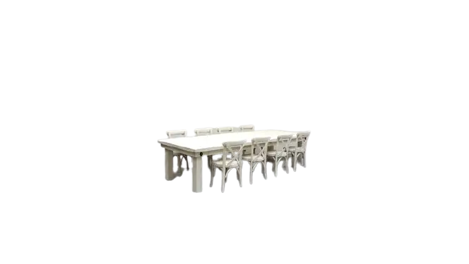 Package – Kids Rectangle Vintage White Farm Table Package With 8 Chairs | Rental