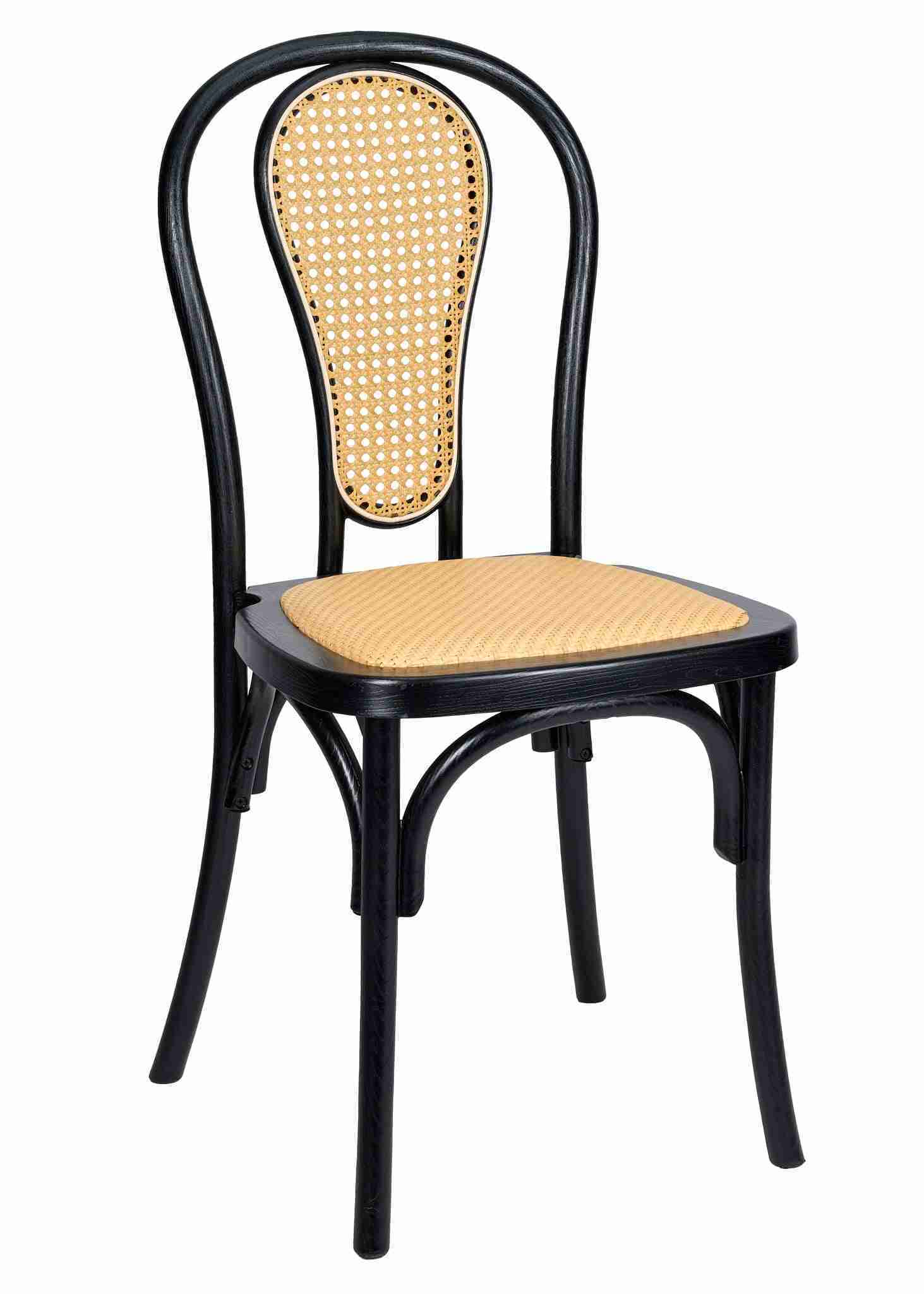 Black Bentwood Resin Chair with Natural Rattan Back and Natural Rattan Seat | Rental
