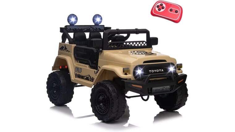 12V Toyota SUV Power Wheels Jeep with Parental Remote Control 4WD Ride on Toys for Kids 4-8 Electric Car to Drive, Spring Suspension, 3 Speeds, LED Lights, Bluetooth- Khaki | Rental