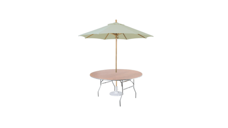 Banquet Table | Wood | Round | 60″ w/Umbrella Hole | Rental