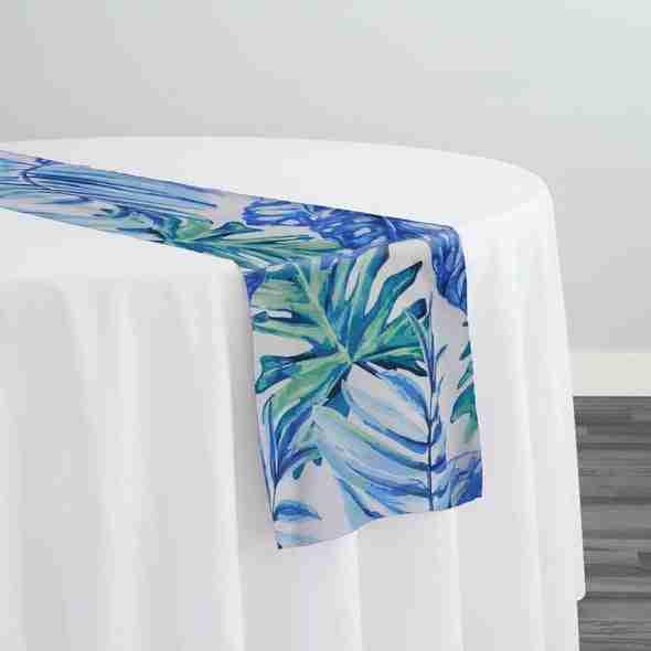 Tropical Print (Dupioni) Table Runner in Blue | Rental Tropical Print (Dupioni) Table Runner in Blue | Rental