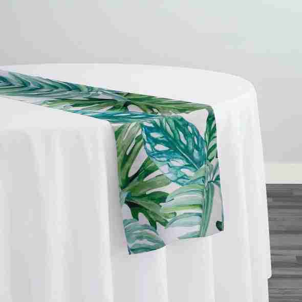 Tropical Print (Dupioni) Table Runner in Green | Rental Tropical Print (Dupioni) Table Runner in Green | Rental