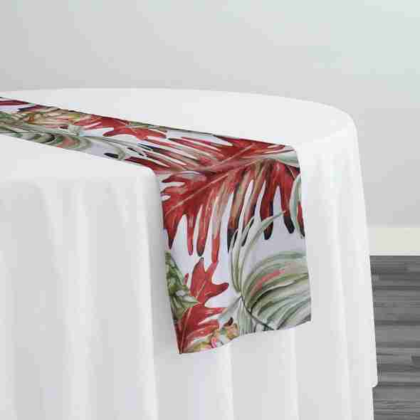 Tropical Print (Dupioni) Table Runner in Red | Rental Tropical Print (Dupioni) Table Runner in Red | Rental