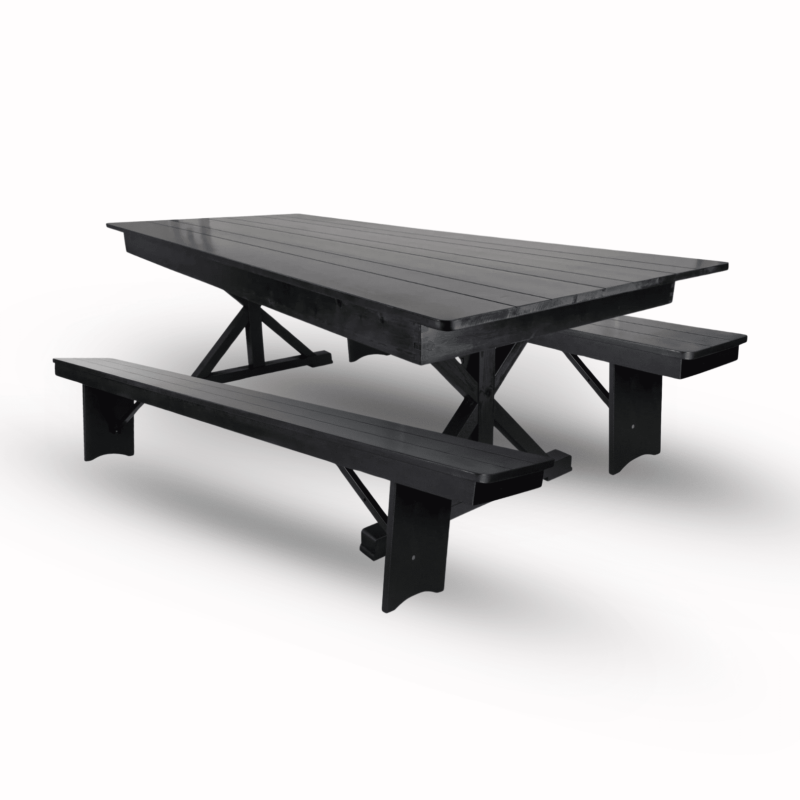 Black X-Leg Farm Table Dining Set with 2 Benches | Rental Black X-Leg Farm Table Dining Set with 2 Benches | Rental