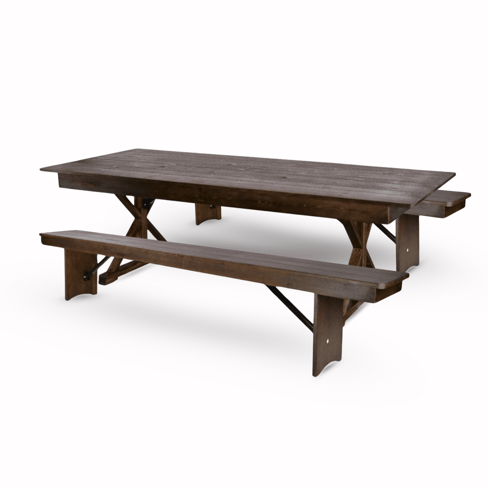 Fruitwood X-Leg Farm Table Dining Set with 2 Benches | Rental Fruitwood X-Leg Farm Table Dining Set with 2 Benches | Rental