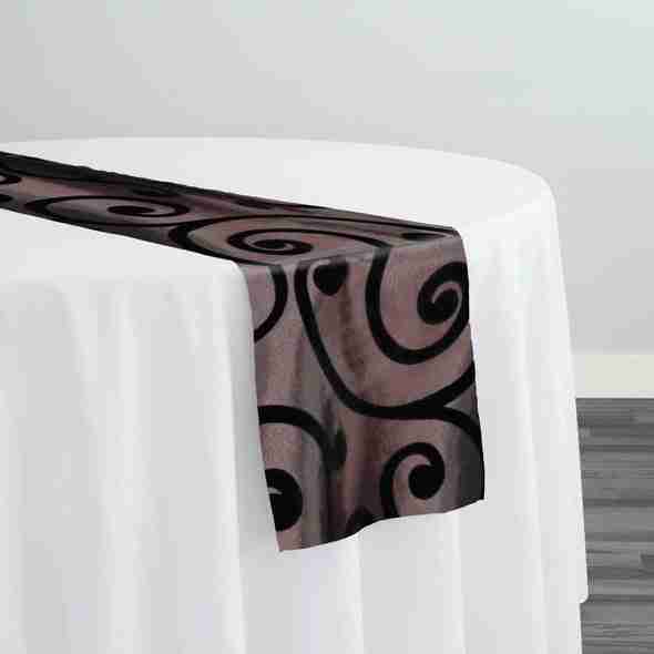 Swirl Flocking Taffeta Table Runner in Black on Brown | Rental Swirl Flocking Taffeta Table Runner in Black on Brown | Rental
