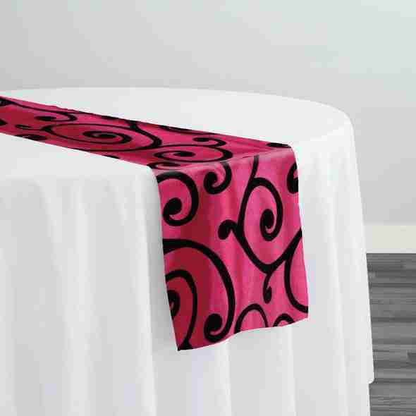 Swirl Flocking Taffeta Table Runner in Black on Fuchsia | Rental