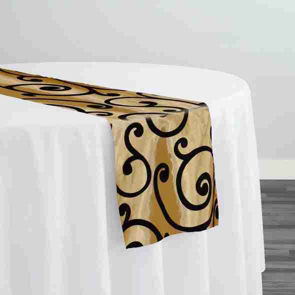 Swirl Flocking Taffeta Table Runner in Black on Gold | Rental