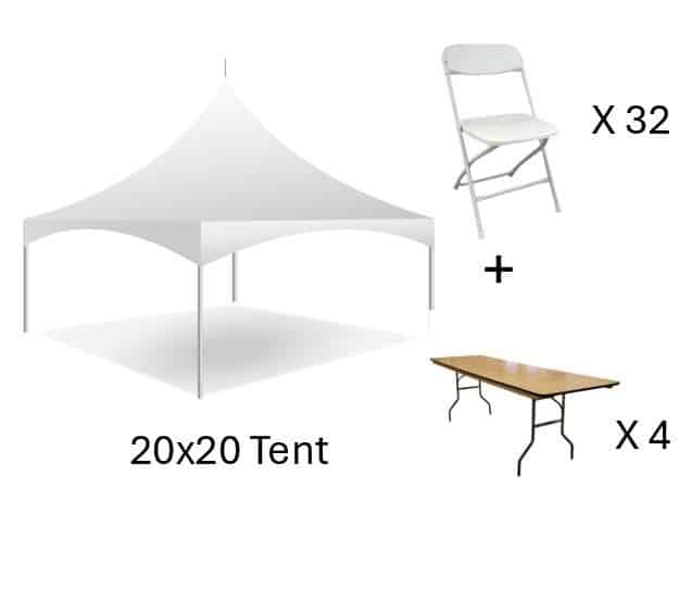 Pkg A 20×20, 4 Rect Tables, 32 Wht Chairs | Rental Pkg A 20×20, 4 Rect Tables, 32 Wht Chairs | Rental