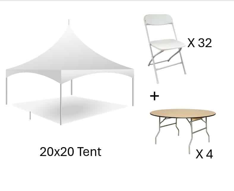 Pkg A 20×20, 4 Rnd Tables, 32 Wht Chairs | Rental Pkg A 20×20, 4 Rnd Tables, 32 Wht Chairs | Rental