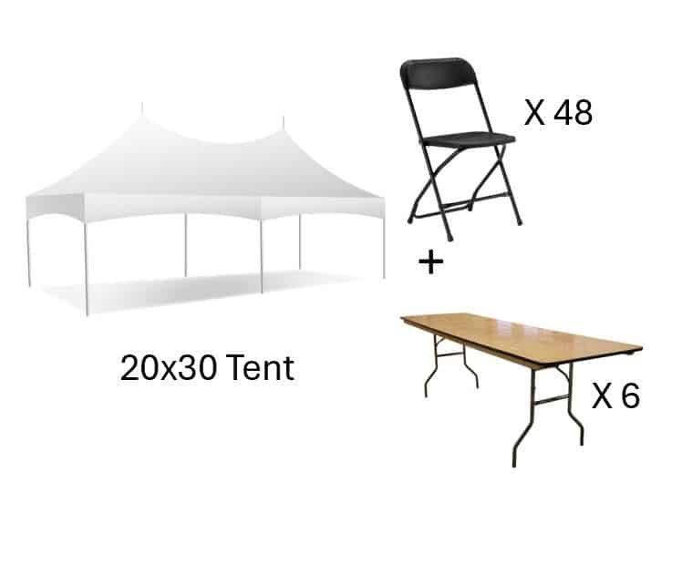 Pkg B 20×30, 6 Rect Tables, 48 Blk Chairs | Rental Pkg B 20×30, 6 Rect Tables, 48 Blk Chairs | Rental