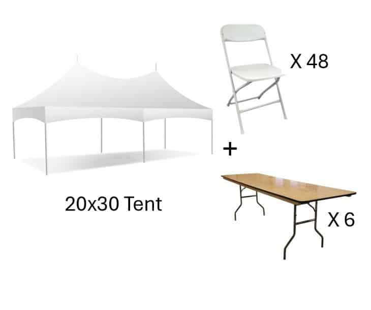Pkg B 20×30, 6 Rect Tables, 48 Wht Chairs | Rental Pkg B 20×30, 6 Rect Tables, 48 Wht Chairs | Rental