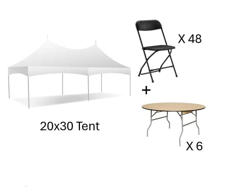 Pkg B 20×30, 6 Rnd Tables, 48 Blk Chairs | Rental Pkg B 20×30, 6 Rnd Tables, 48 Blk Chairs | Rental