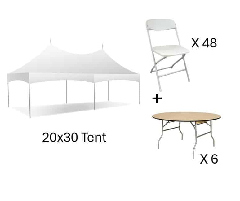 Pkg B 20×30, 6 Rnd Tables, 48 Wht Chairs | Rental Pkg B 20×30, 6 Rnd Tables, 48 Wht Chairs | Rental