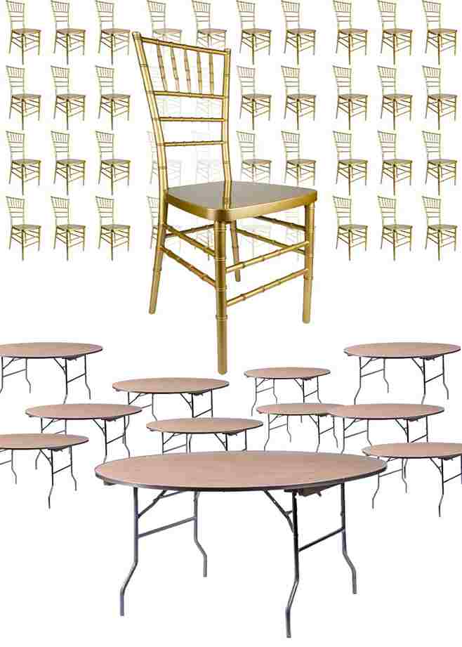 100 Person Luxury Event Package: Includes 100 Gold Resin Steel Skeleton™ Chiavari Chairs Plus 10 Round 72" Heavy Duty Banquet Folding Tables Plus a Banquet Table Cart | Rental