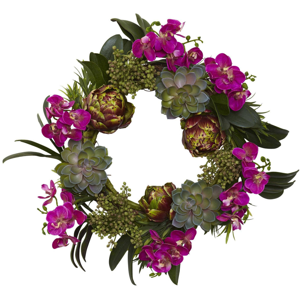 20” Orchid, Artichoke & Succulent Wreath | Rental 20” Orchid, Artichoke & Succulent Wreath | Rental
