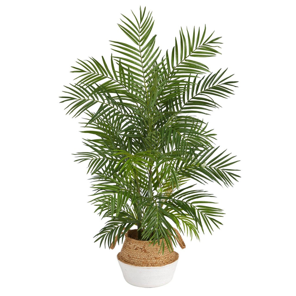 4′ Areca Artificial Palm in Boho Chic Handmade Cotton & Jute White Woven Planter | Rental