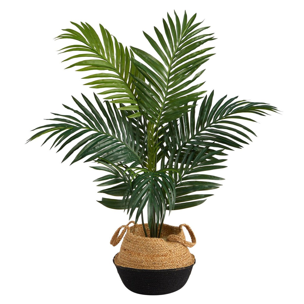 4′ Kentia Palm Artificial Tree in Boho Chic Handmade Cotton & Jute Black Woven Planter | Rental