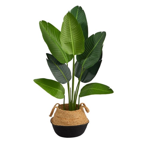 4’ Travelers Palm Artificial Tree in Boho Chic Handmade Cotton & Jute Black Woven Planter | Rental
