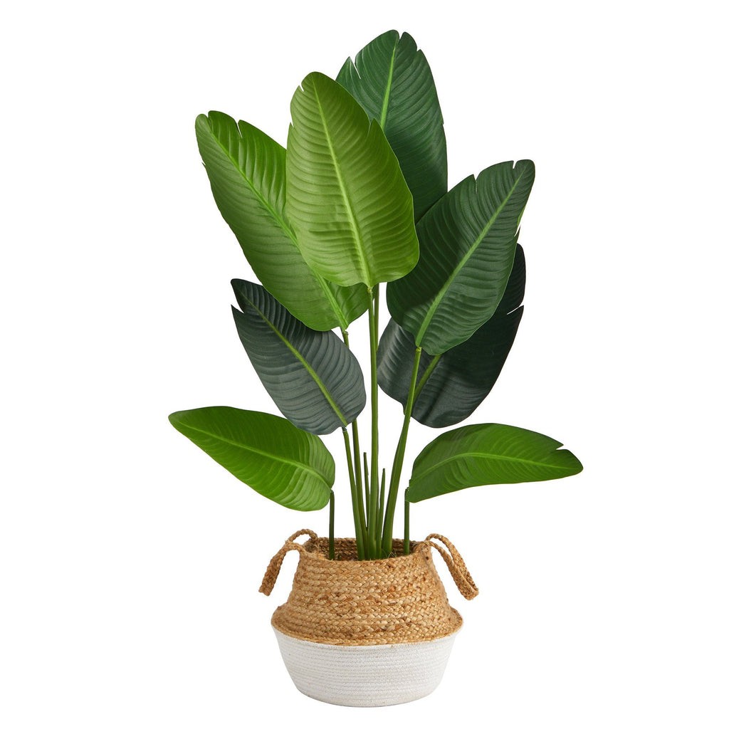 4’ Travelers Palm Artificial Tree in Boho Chic Handmade Cotton & Jute White Woven Planter | Rental