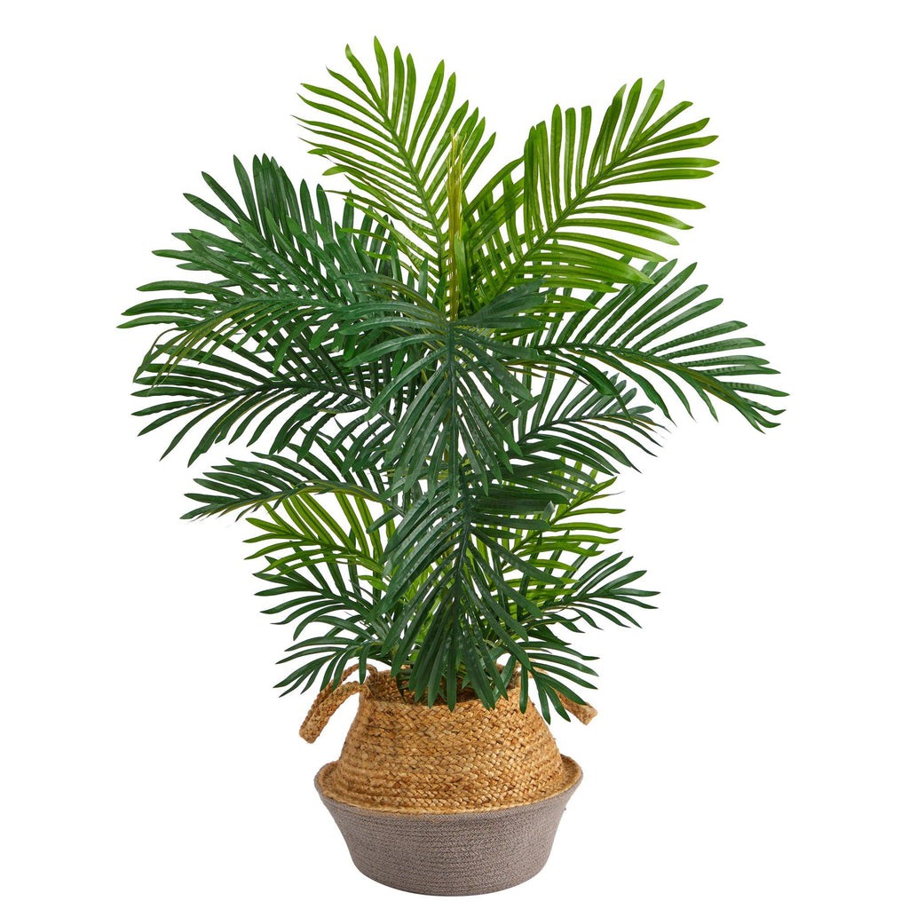 40” Areca Palm Tree in Boho Chic Handmade Cotton & Jute Gray Woven Planter UV Resistant | Rental