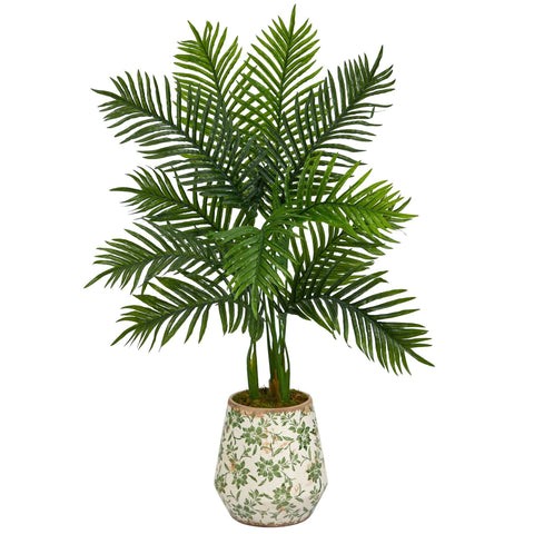 46” Areca Palm Artificial Tree in Floral Print Planter (Real Touch) | Rental