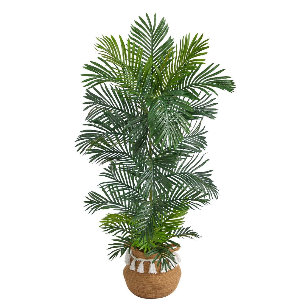 5’ Areca Palm Tree in Boho Chic Handmade Natural Cotton Woven Planter with Tassels UV Resistant | Rental 5’ Areca Palm Tree in Boho Chic Handmade Natural Cotton Woven Planter with Tassels UV Resistant | Rental