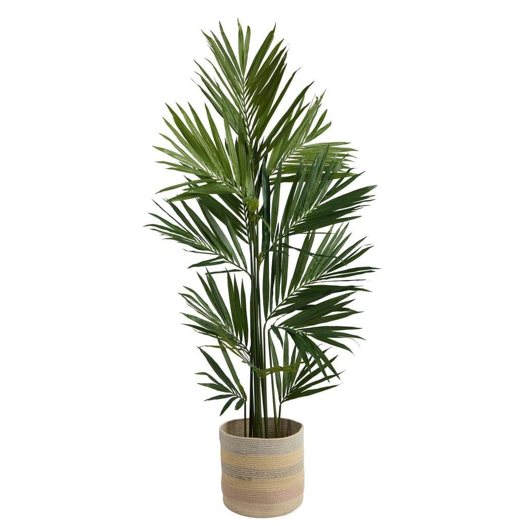 7’ Kentia Artificial Palm in Handmade Natural Cotton Multicolored Woven Planterr | Rental 7’ Kentia Artificial Palm in Handmade Natural Cotton Multicolored Woven Planterr | Rental