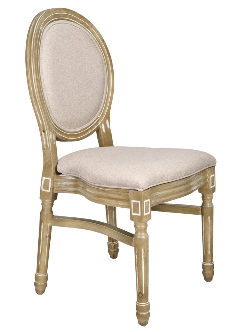 Antique Distressed Wood Louis Pop Chair Beige Tweed Fabric Back and Seat | Rental