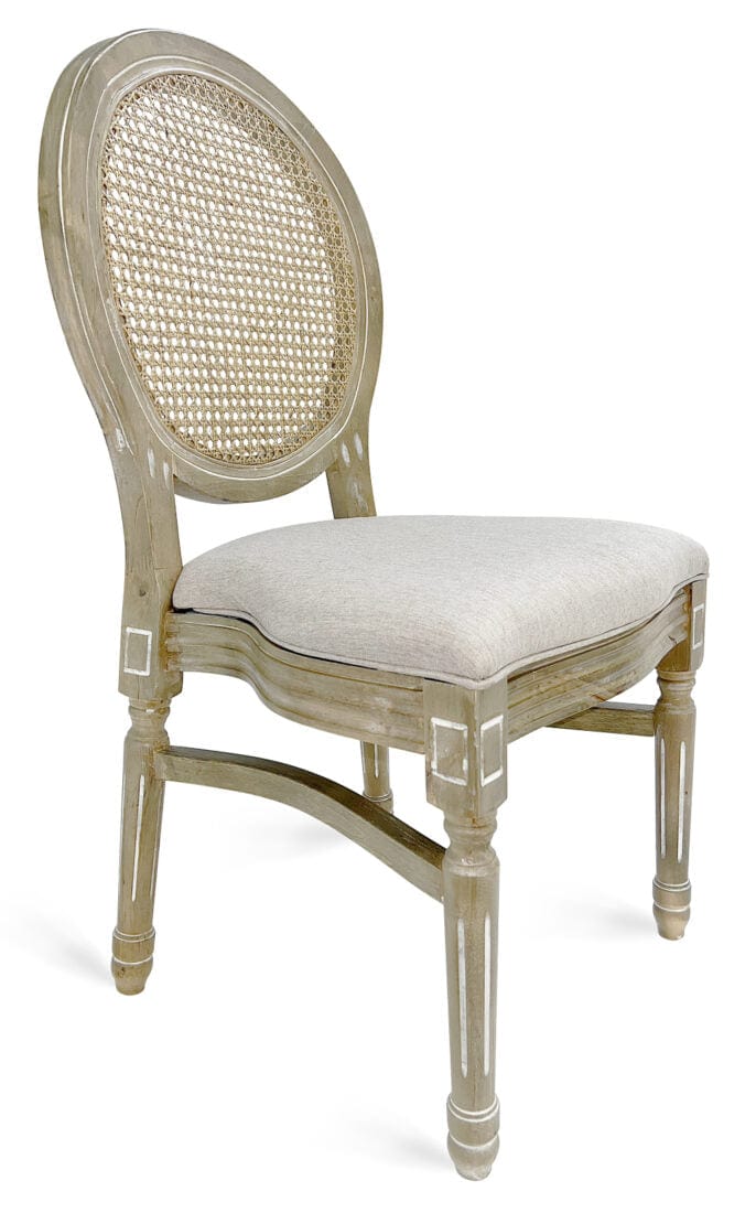 Antique Distressed Wood Louis Pop Chair Rattan Back and Beige Tweed Fabric Seat | Rental