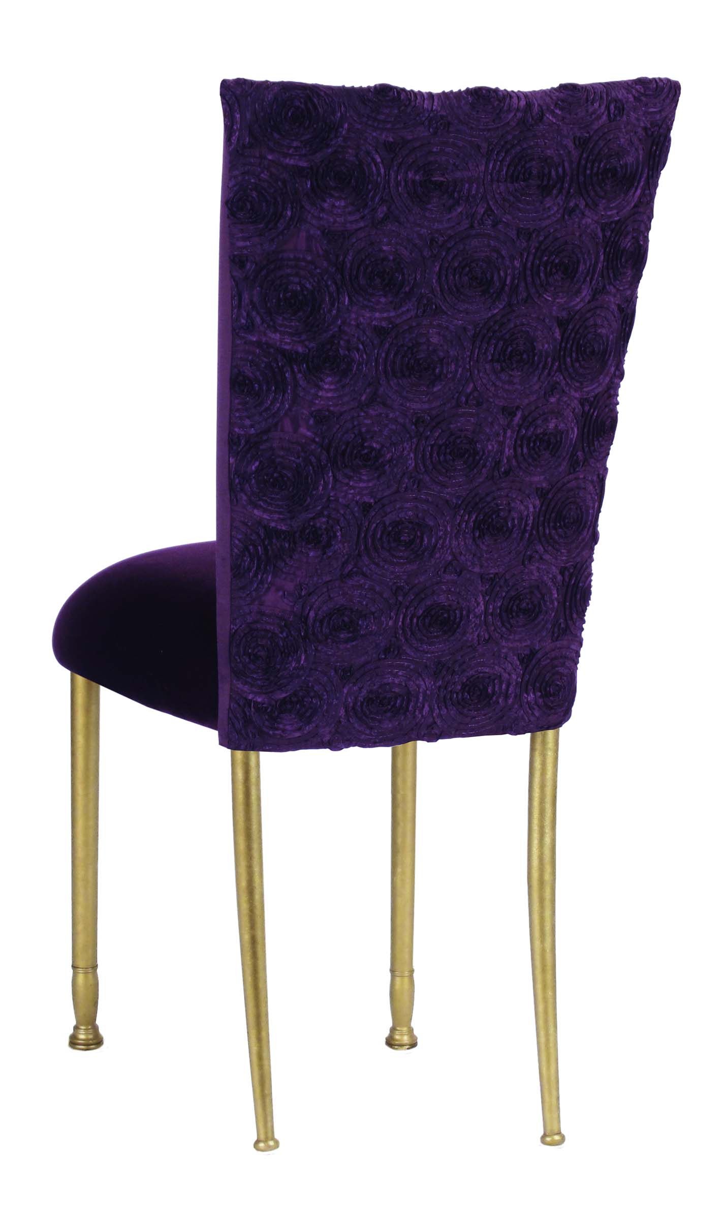 Aubergine Circle Ribbon Taffeta Chair Cover with Eggplant Velvet Cushion on Gold Legs – Chameleon Chair Collection | Rental