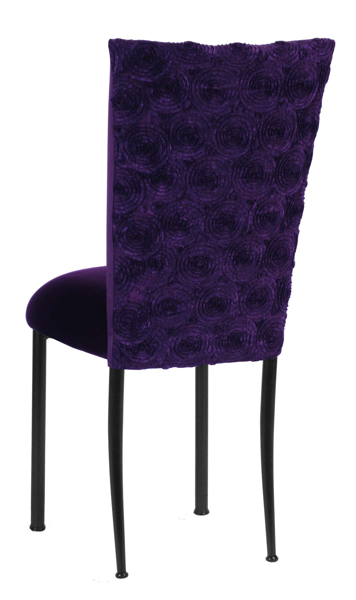 Aubergine Circle Ribbon Taffeta Chair Cover with Eggplant Velvet Cushion on Black Legs – Chameleon Chair Collection | Rental