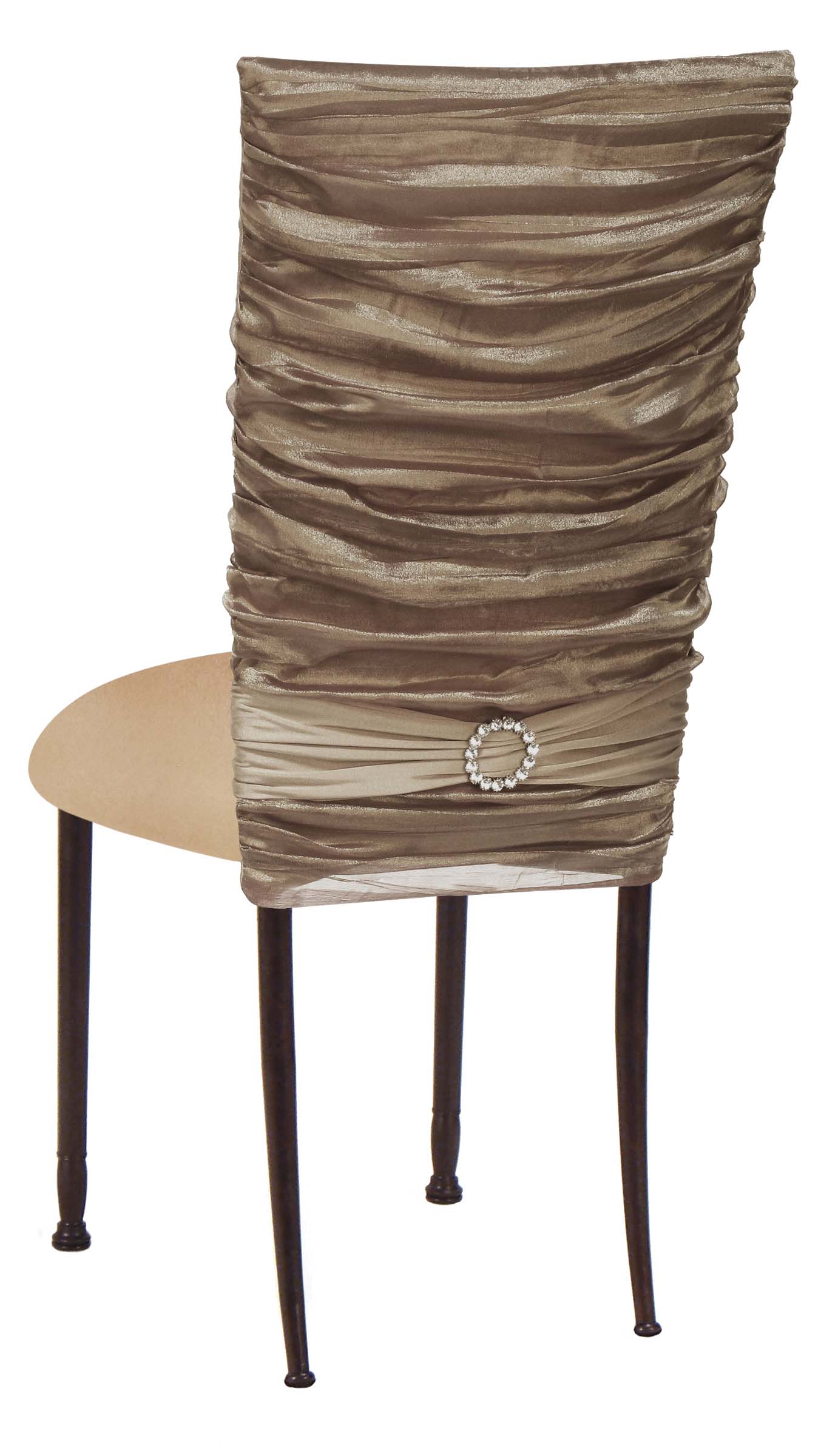 Beige Demure Chair Cover with Jeweled Band and Beige Stretch Knit Cushion on Brown Legs – Chameleon Chair Collection | Rental