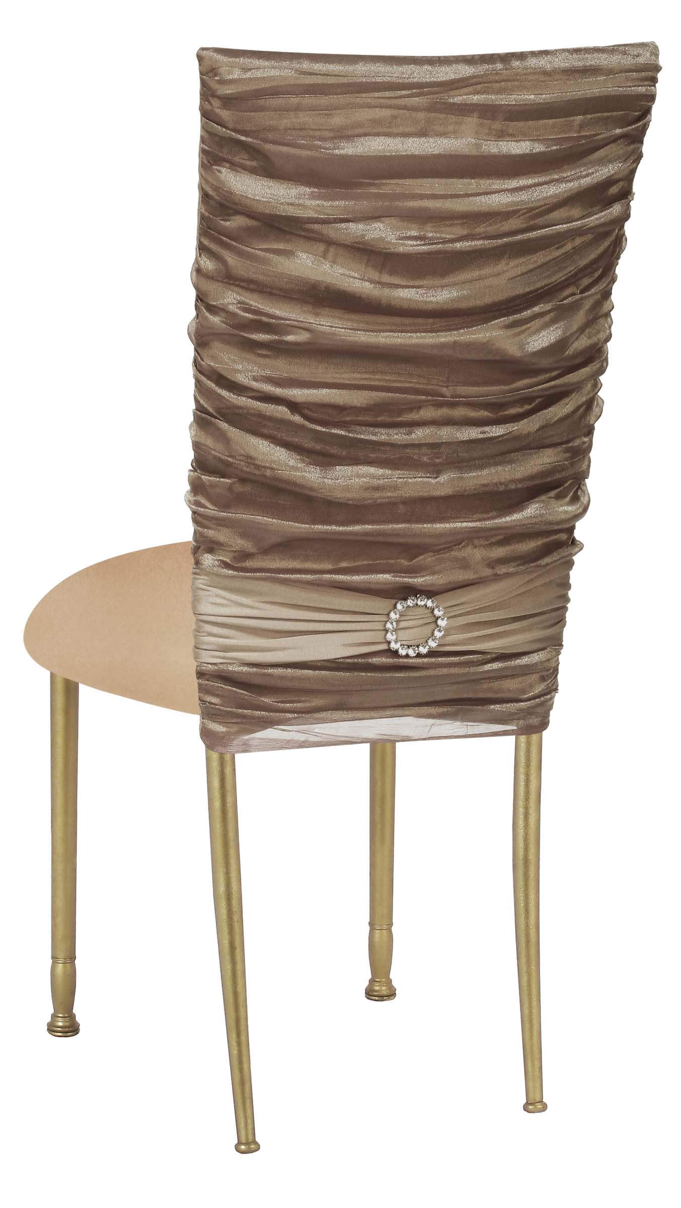 Beige Demure Chair Cover with Jeweled Band and Beige Stretch Knit Cushion on Gold Legs – Chameleon Chair Collection | Rental