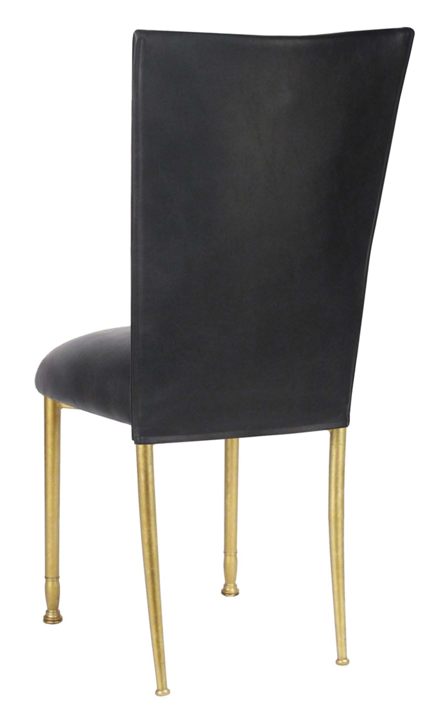 Black Leatherette Chair Cover and Cushion on Gold Legs – Chameleon Chair Collection | Rental Black Leatherette Chair Cover and Cushion on Gold Legs – Chameleon Chair Collection | Rental
