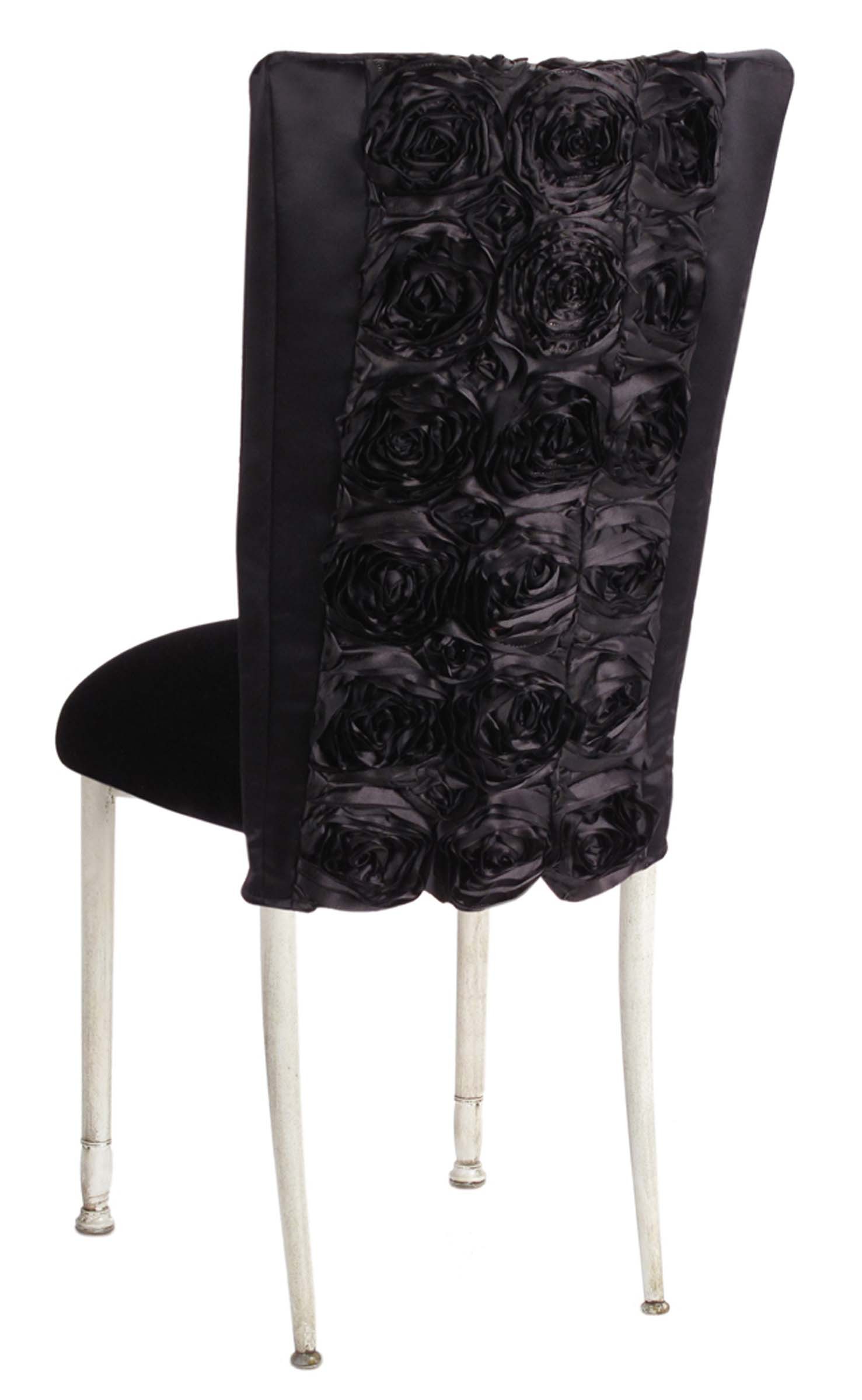 Black Rosette Chair Cover with Black Velvet Cushion on Ivory Legs – Chameleon Chair Collection | Rental