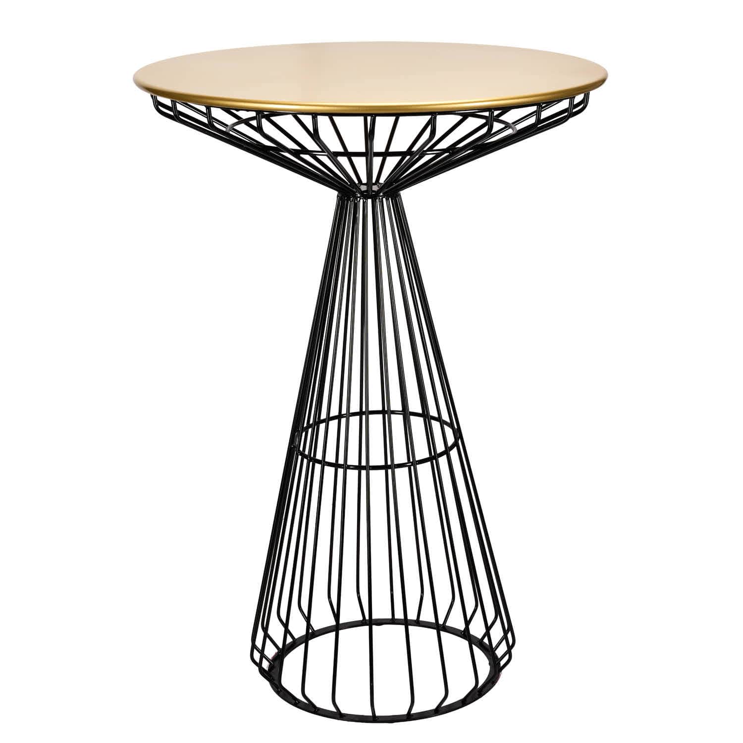 Black Wire Cocktail Table with 32″ Round Gold Top and Sleek Black Steel Base | Rental Black Wire Cocktail Table with 32″ Round Gold Top and Sleek Black Steel Base | Rental