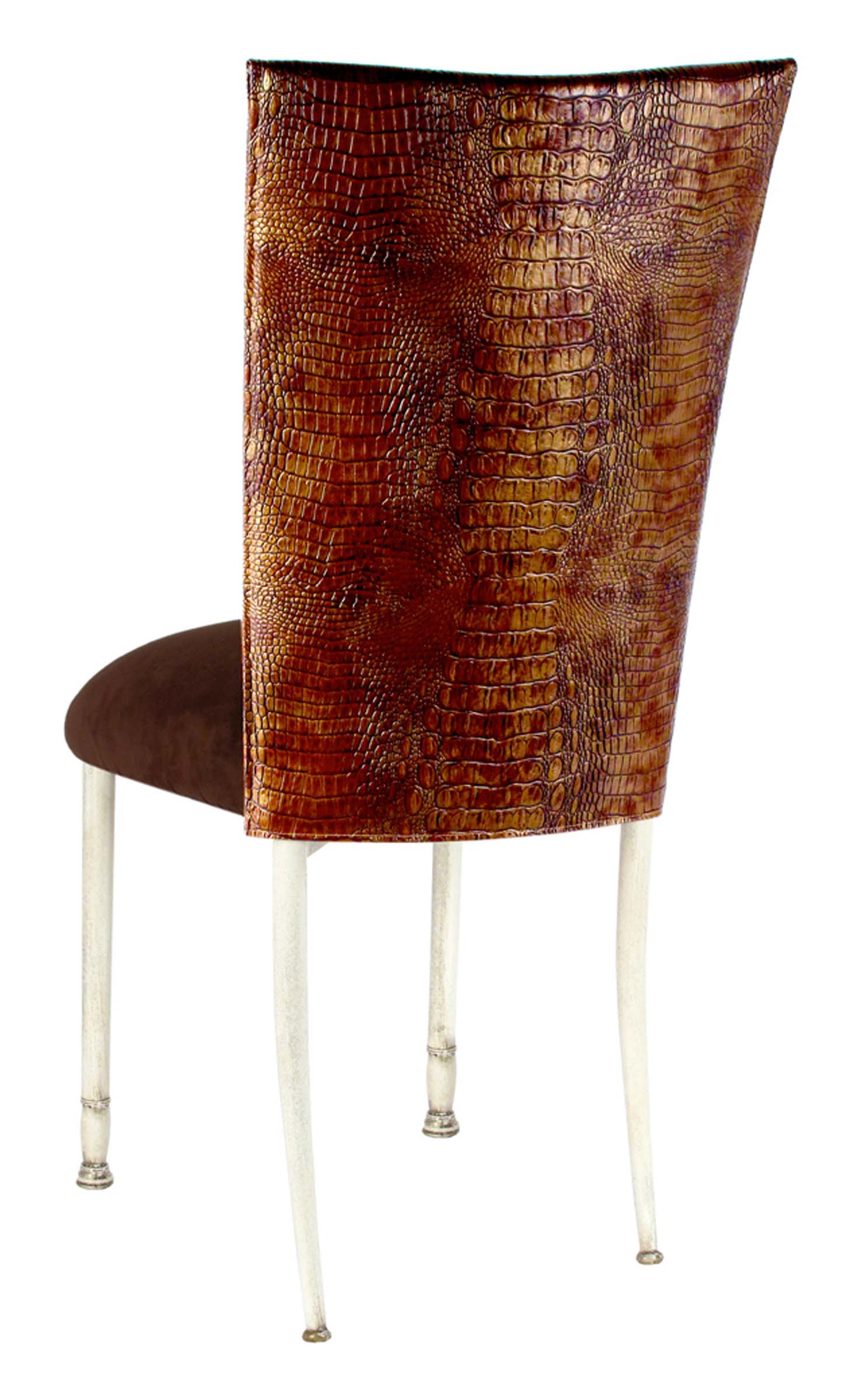 Bronze Croc Chair Cover with Chocolate Suede Cushion on Ivory Legs – Chameleon Chair Collection | Rental