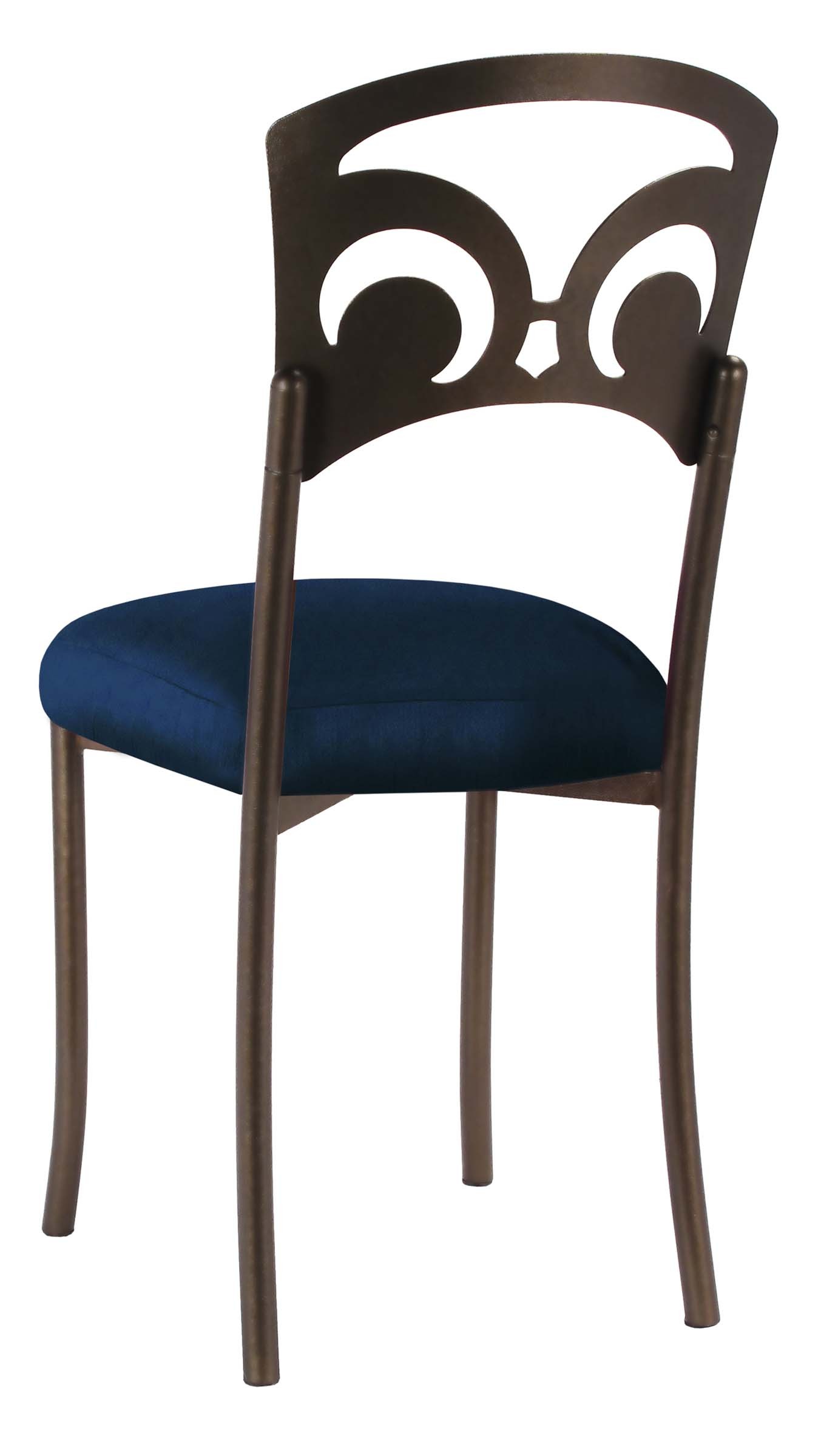 Bronze Fleur de Lis with Midnight Blue Taffeta Boxed Cushion – Chameleon Chair Collection | Rental Bronze Fleur de Lis with Midnight Blue Taffeta Boxed Cushion – Chameleon Chair Collection | Rental