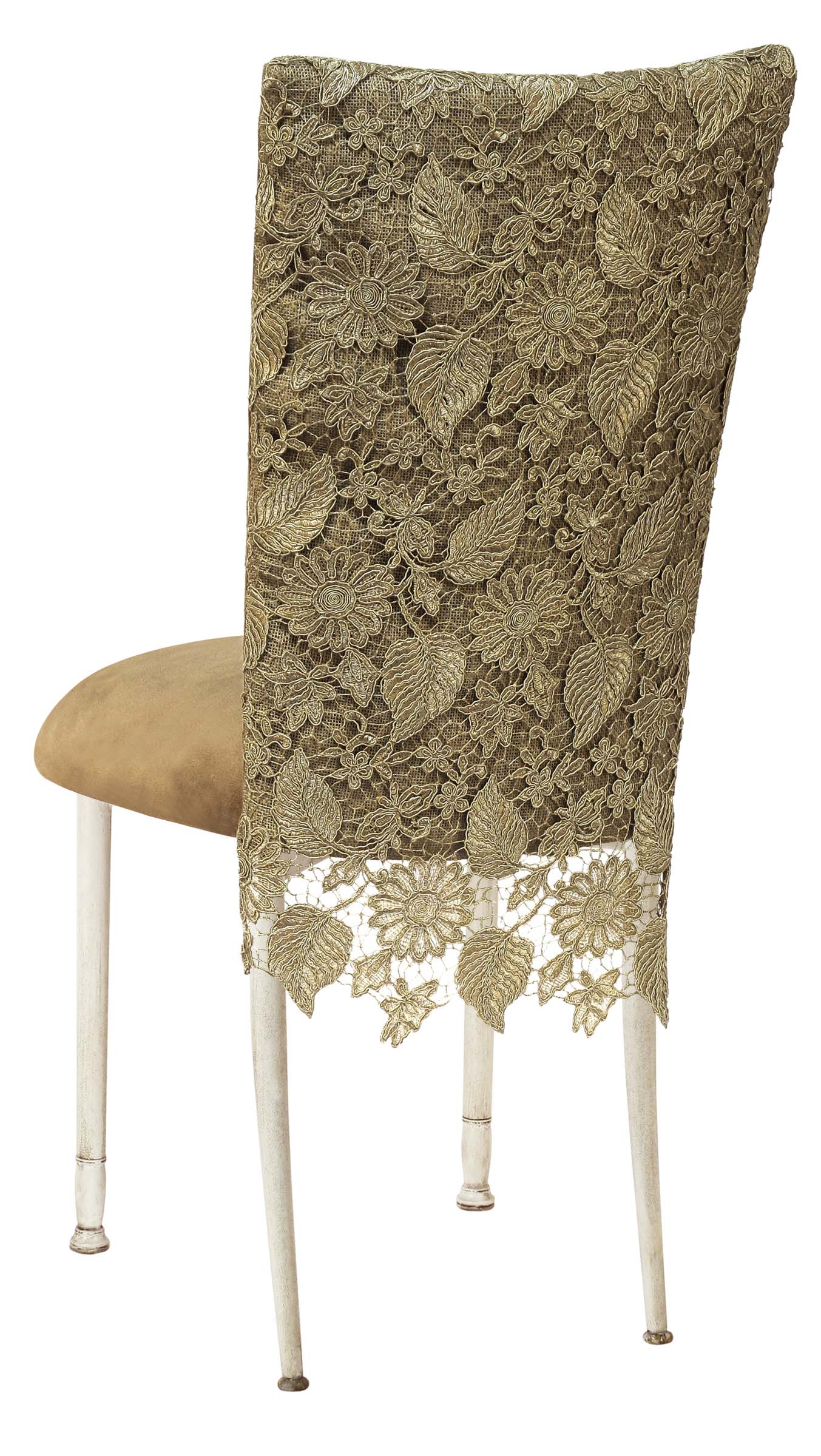 Burlap Chantilly 3/4 Chair Cover with Camel Suede Cushion on Ivory Legs – Chameleon Chair Collection | Rental
