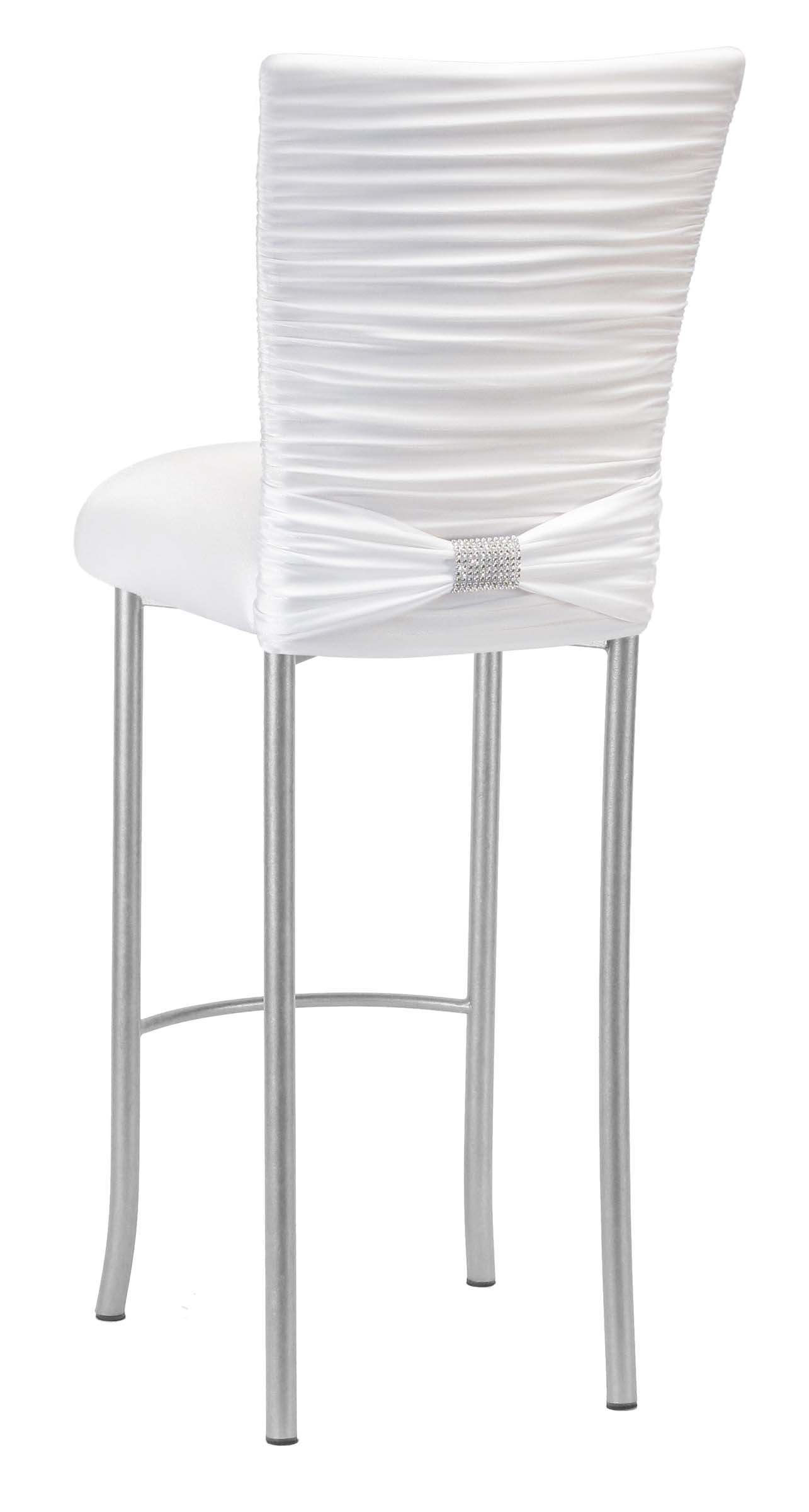 Chloe White Stretch Knit Barstool Cover with Rhinestone Accent Band and Cushion on Silver Legs – Chameleon Chair Collection | Rental Chloe White Stretch Knit Barstool Cover with Rhinestone Accent Band and Cushion on Silver Legs – Chameleon Chair Collection | Rental
