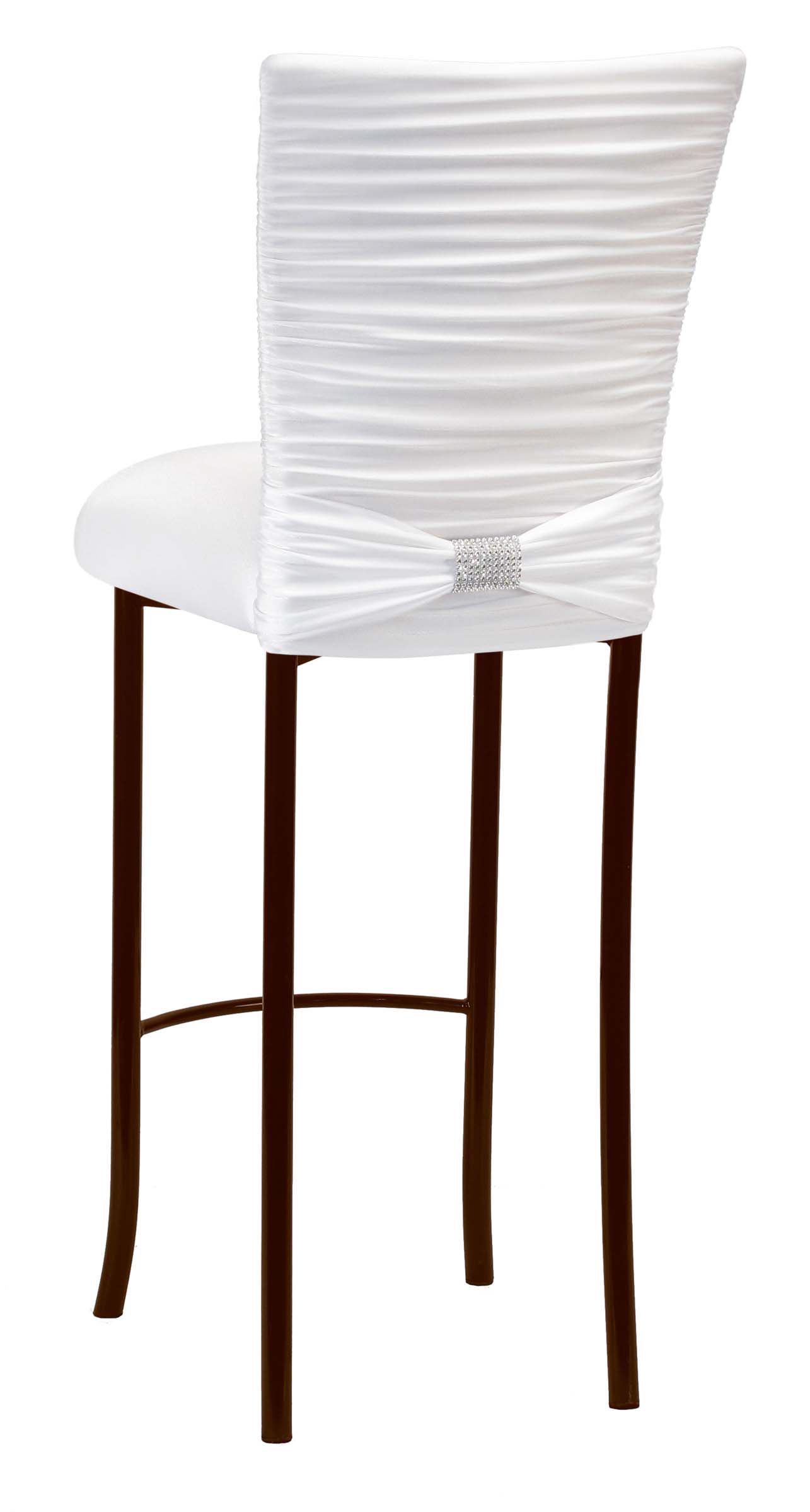 Chloe White Stretch Knit Barstool Cover with Rhinestone Accent Band and Cushion on Brown Legs – Chameleon Chair Collection | Rental Chloe White Stretch Knit Barstool Cover with Rhinestone Accent Band and Cushion on Brown Legs – Chameleon Chair Collection | Rental
